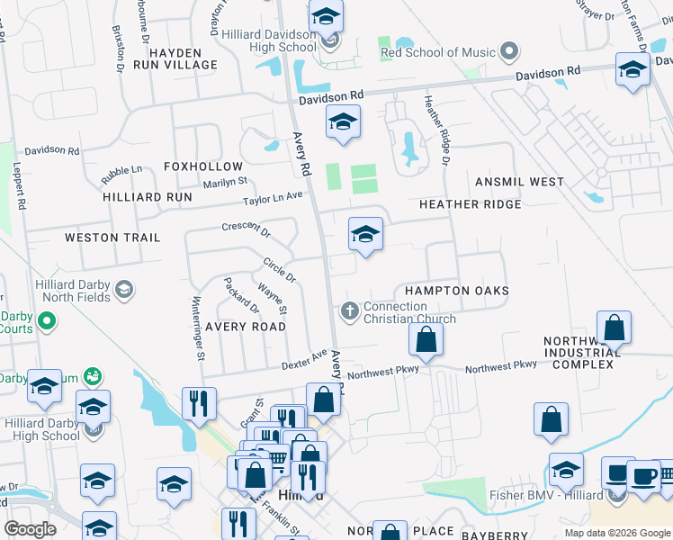 map of restaurants, bars, coffee shops, grocery stores, and more near 4388 Avery Road in Hilliard