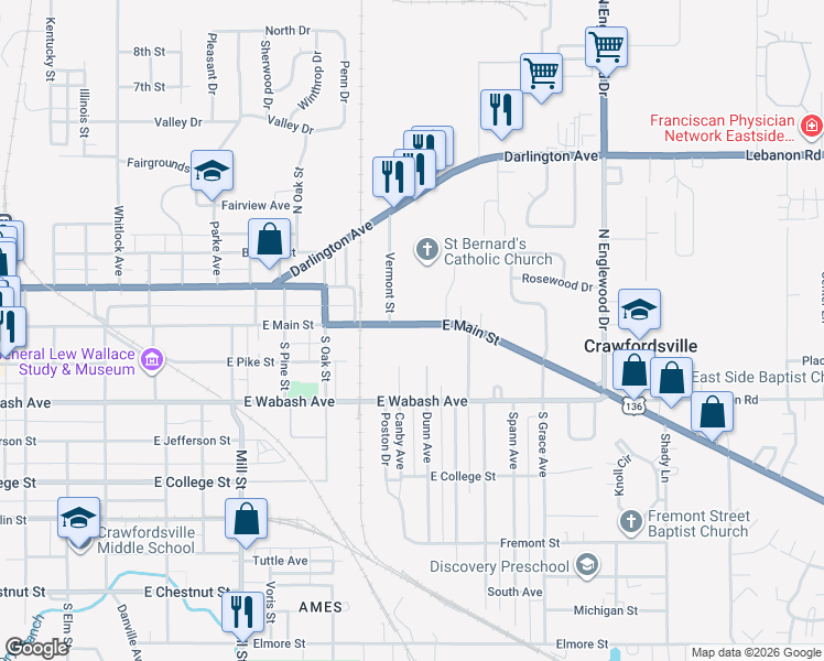 map of restaurants, bars, coffee shops, grocery stores, and more near 200 Dunn Avenue in Crawfordsville