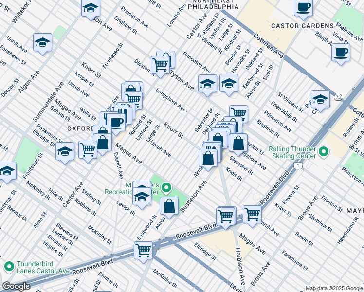 map of restaurants, bars, coffee shops, grocery stores, and more near 6734 Sylvester Street in Philadelphia