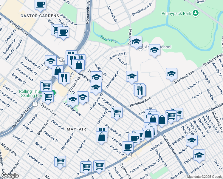 map of restaurants, bars, coffee shops, grocery stores, and more near 3114 Teesdale Street in Philadelphia