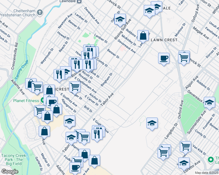 map of restaurants, bars, coffee shops, grocery stores, and more near 628 Van Kirk Street in Philadelphia