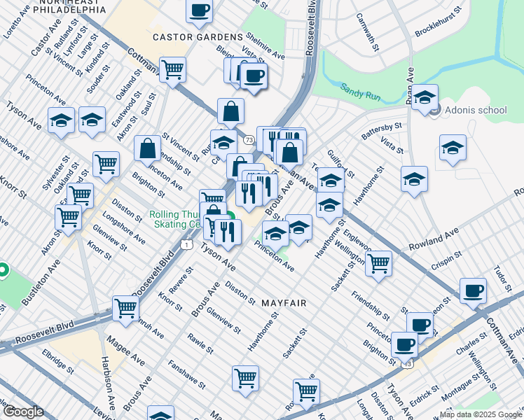 map of restaurants, bars, coffee shops, grocery stores, and more near 2844 Saint Vincent Street in Philadelphia