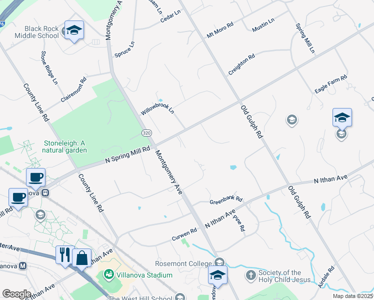map of restaurants, bars, coffee shops, grocery stores, and more near 429 North Spring Mill Road in Villanova
