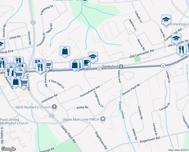 map of restaurants, bars, coffee shops, grocery stores, and more near 5 Kent Lane in Paoli