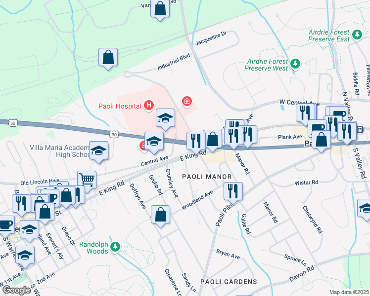 map of restaurants, bars, coffee shops, grocery stores, and more near 506 East King Road in Malvern