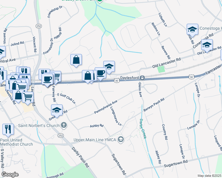 map of restaurants, bars, coffee shops, grocery stores, and more near 5 Kent Lane in Paoli