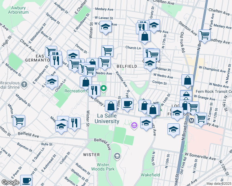 map of restaurants, bars, coffee shops, grocery stores, and more near 5715 North Woodstock Street in Philadelphia