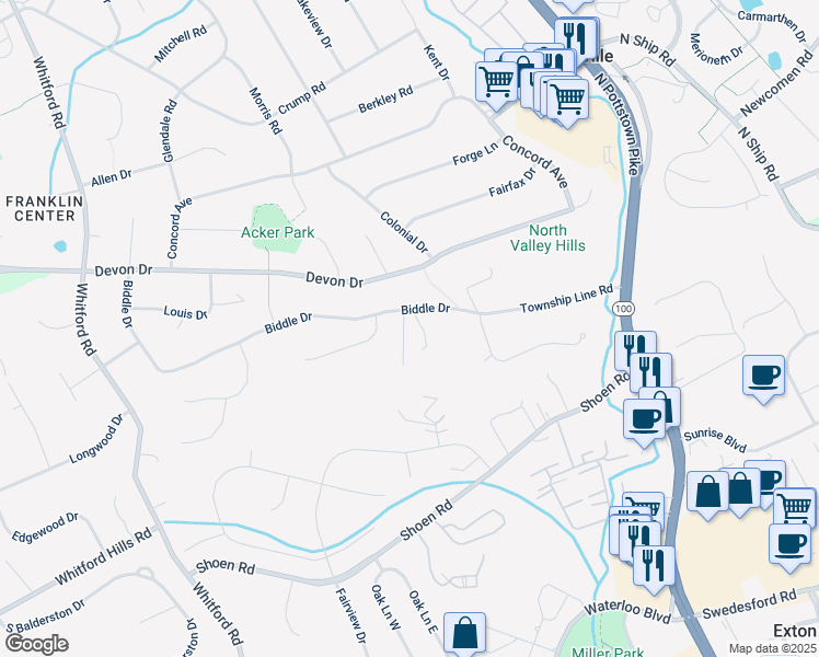 map of restaurants, bars, coffee shops, grocery stores, and more near 322 Biddle Drive in Exton