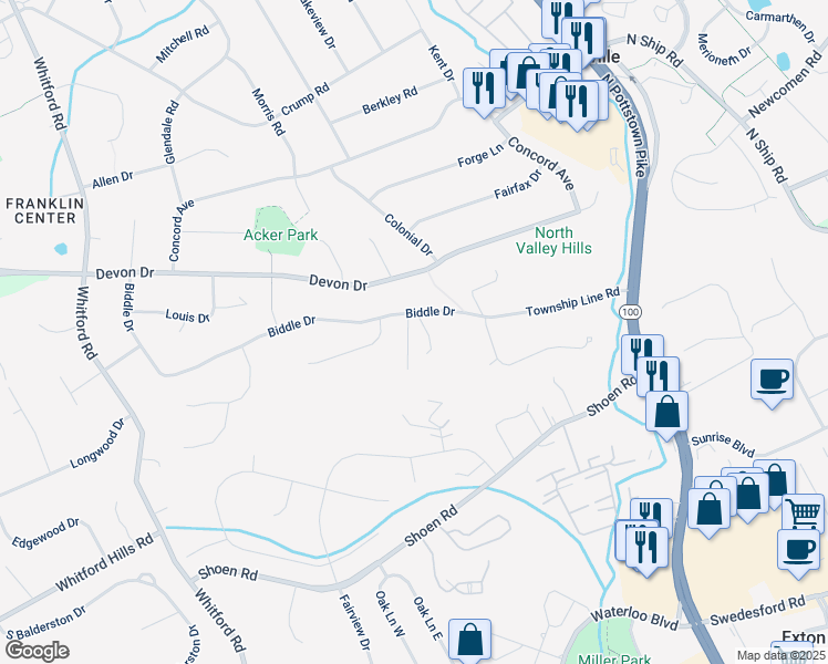 map of restaurants, bars, coffee shops, grocery stores, and more near 322 Biddle Drive in Exton