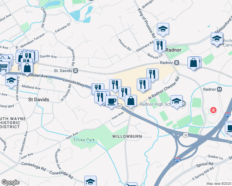 map of restaurants, bars, coffee shops, grocery stores, and more near 130 North Radnor Chester Road in Wayne