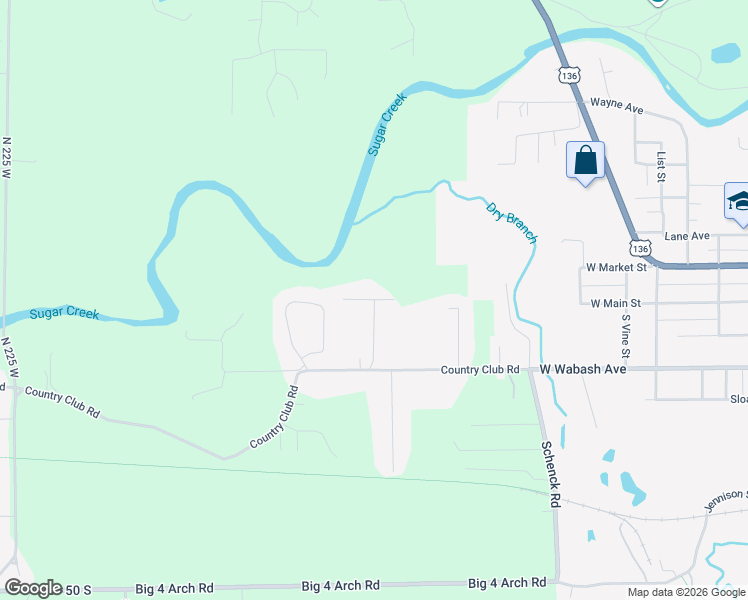map of restaurants, bars, coffee shops, grocery stores, and more near 107 Deer Cliff Drive in Crawfordsville
