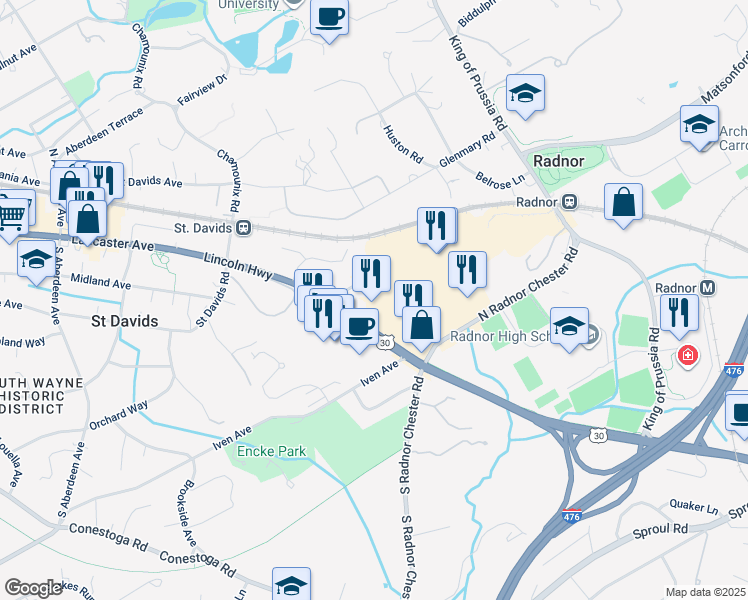 map of restaurants, bars, coffee shops, grocery stores, and more near 130 North Radnor Chester Road in Wayne