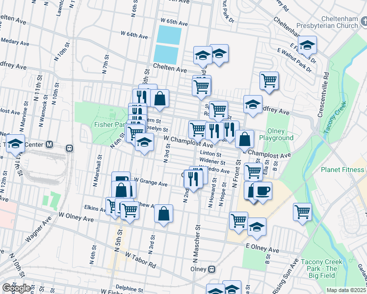 map of restaurants, bars, coffee shops, grocery stores, and more near 209 Widener Street in Philadelphia