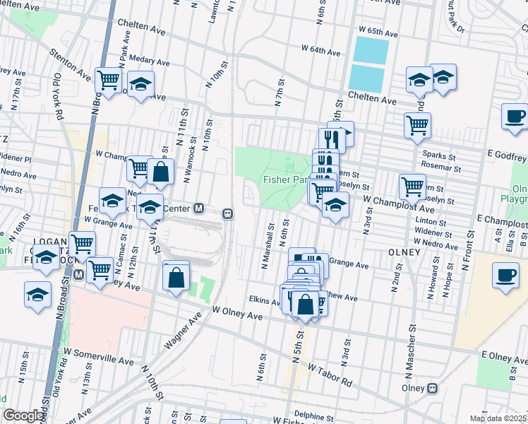 map of restaurants, bars, coffee shops, grocery stores, and more near 5877 North 7th Street in Philadelphia