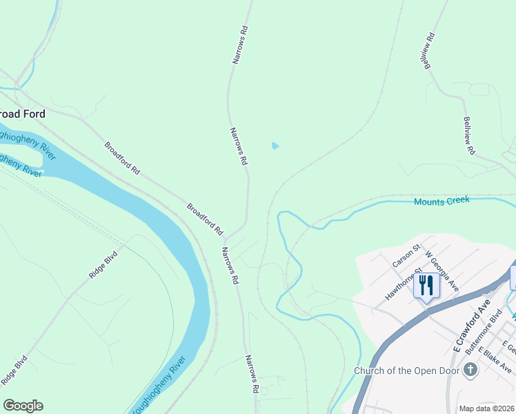 map of restaurants, bars, coffee shops, grocery stores, and more near 318 Narrows Road in Connellsville