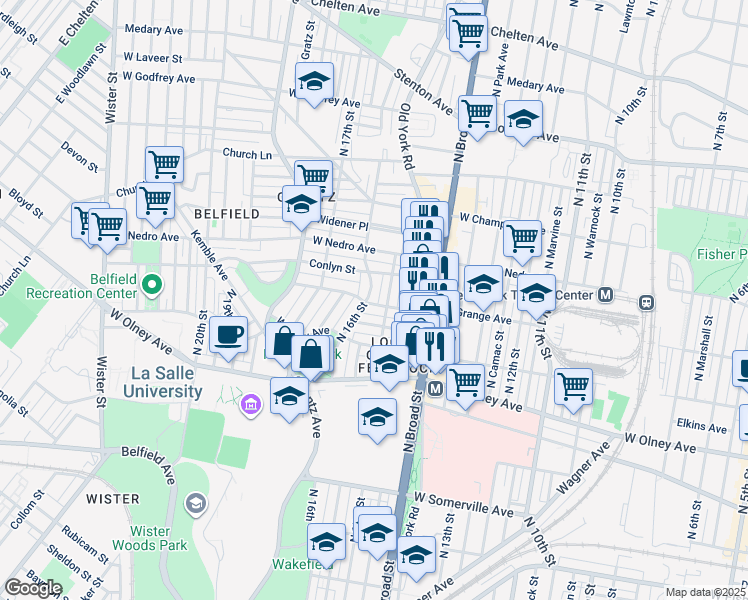 map of restaurants, bars, coffee shops, grocery stores, and more near 1515 West Grange Avenue in Philadelphia