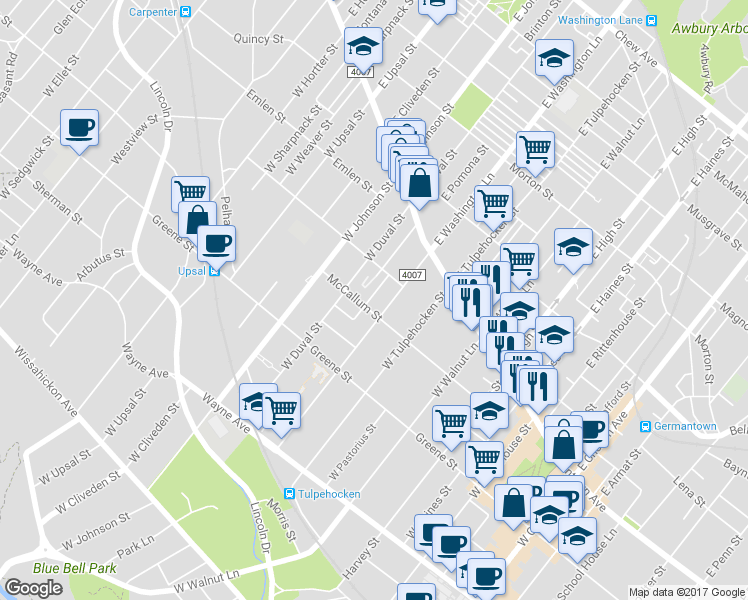 map of restaurants, bars, coffee shops, grocery stores, and more near 138 West Pomona Street in Philadelphia