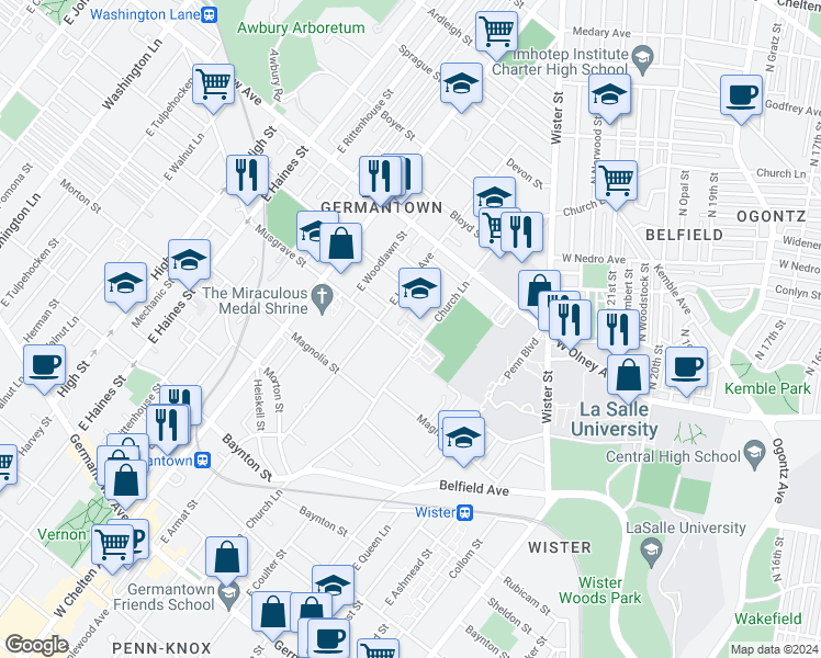 map of restaurants, bars, coffee shops, grocery stores, and more near 601 Church Lane in Philadelphia