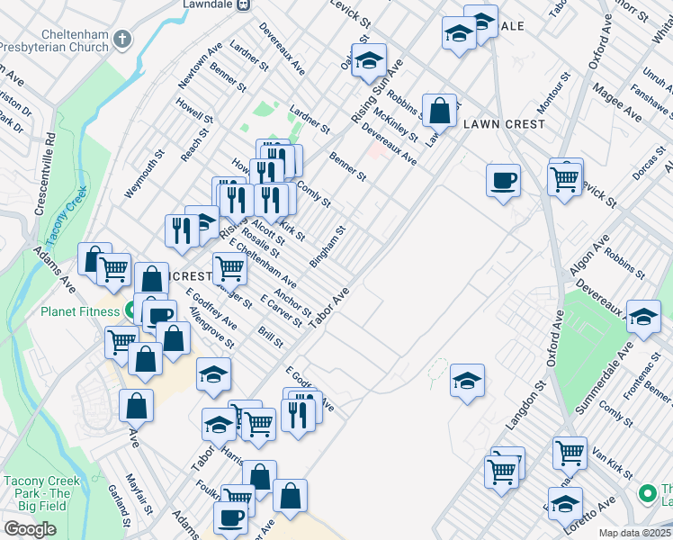 map of restaurants, bars, coffee shops, grocery stores, and more near 628 Van Kirk Street in Philadelphia
