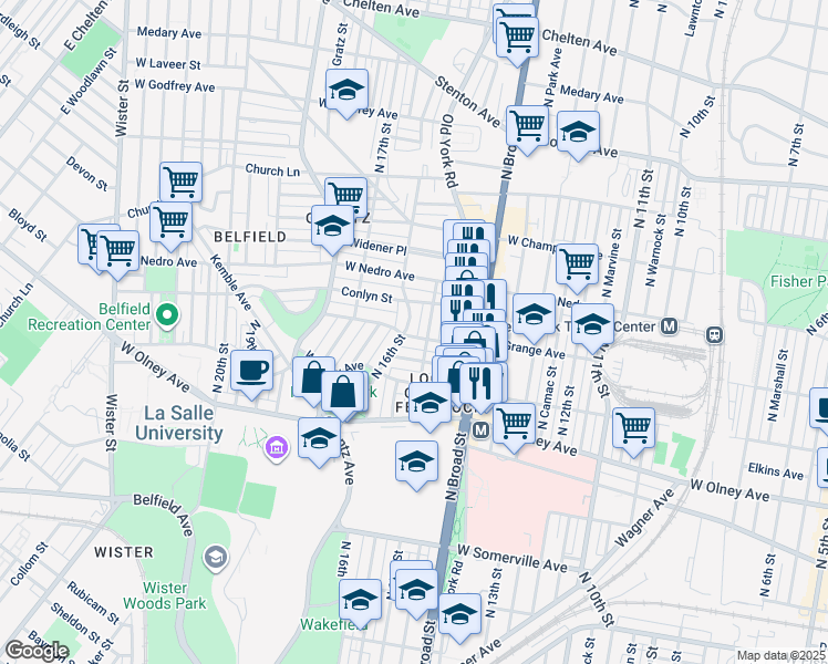 map of restaurants, bars, coffee shops, grocery stores, and more near 1515 West Grange Avenue in Philadelphia