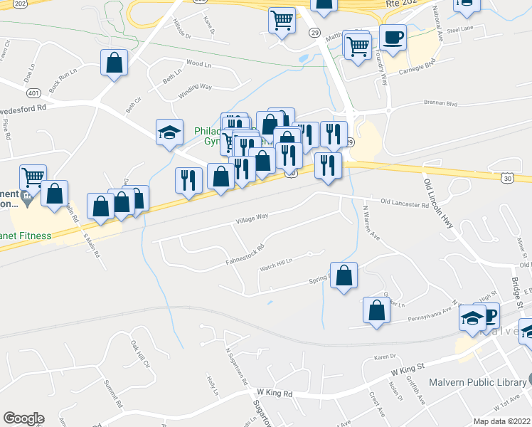 map of restaurants, bars, coffee shops, grocery stores, and more near 16 Norbros Circle in Malvern