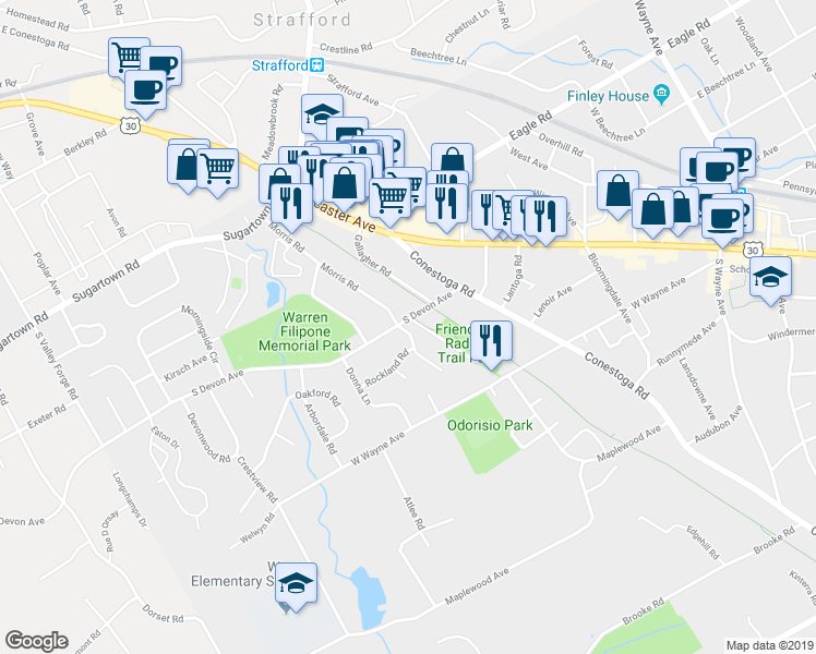 map of restaurants, bars, coffee shops, grocery stores, and more near 291 South Devon Avenue in Wayne