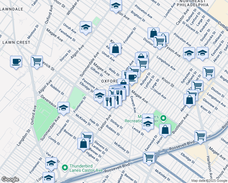 map of restaurants, bars, coffee shops, grocery stores, and more near 1404 Greeby Street in Philadelphia