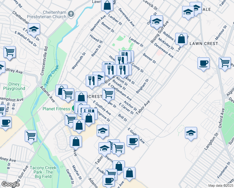 map of restaurants, bars, coffee shops, grocery stores, and more near 539 Anchor Street in Philadelphia