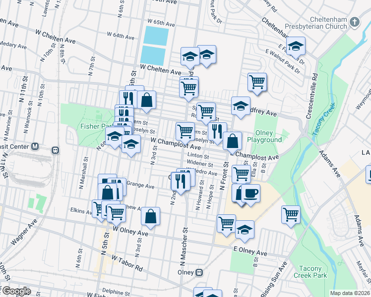 map of restaurants, bars, coffee shops, grocery stores, and more near 209 Widener Street in Philadelphia