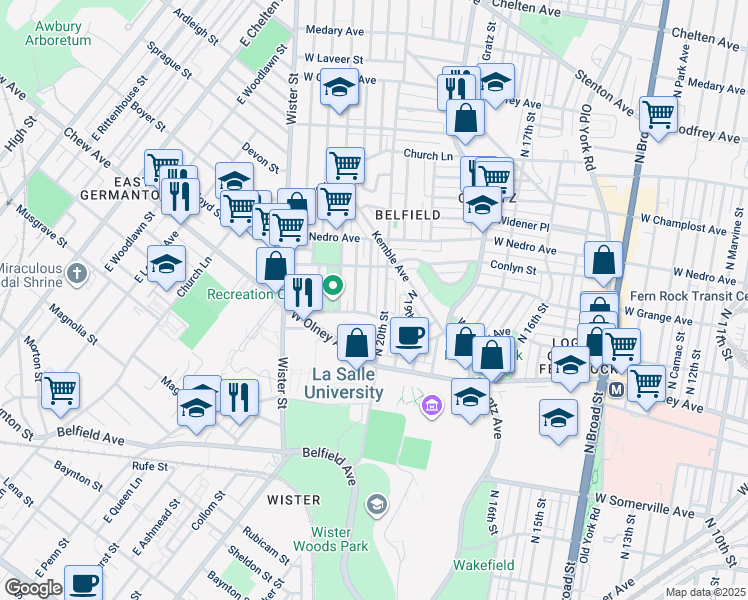 map of restaurants, bars, coffee shops, grocery stores, and more near 5717 North Woodstock Street in Philadelphia