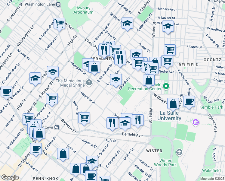 map of restaurants, bars, coffee shops, grocery stores, and more near 601 Church Lane in Philadelphia