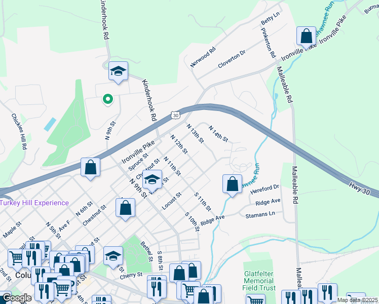 map of restaurants, bars, coffee shops, grocery stores, and more near 1130 Walnut Street in Columbia