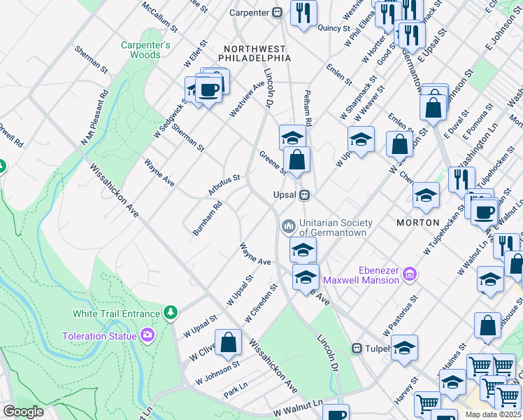 map of restaurants, bars, coffee shops, grocery stores, and more near 6600 Lincoln Drive in Philadelphia
