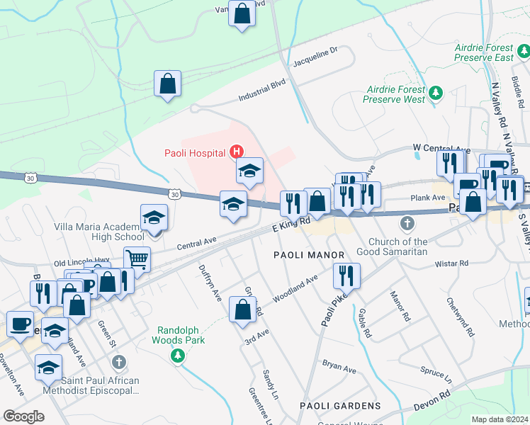 map of restaurants, bars, coffee shops, grocery stores, and more near 304 Central Avenue in Malvern