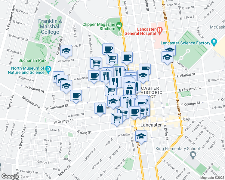 map of restaurants, bars, coffee shops, grocery stores, and more near 235 North Mulberry Street in Lancaster