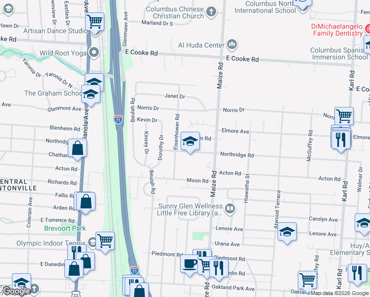 map of restaurants, bars, coffee shops, grocery stores, and more near 3716 Eisenhower Road in Columbus