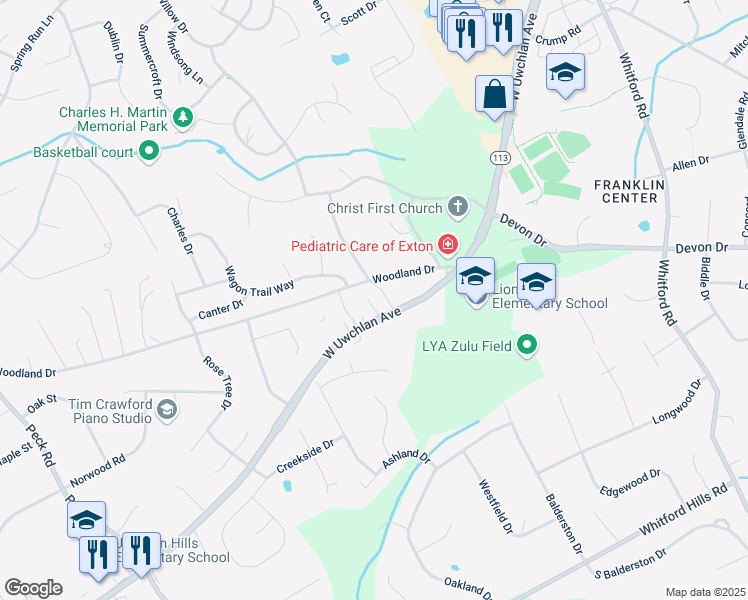map of restaurants, bars, coffee shops, grocery stores, and more near 515 Pennsylvania 113 in Downingtown