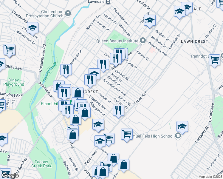 map of restaurants, bars, coffee shops, grocery stores, and more near 537 Anchor Street in Philadelphia