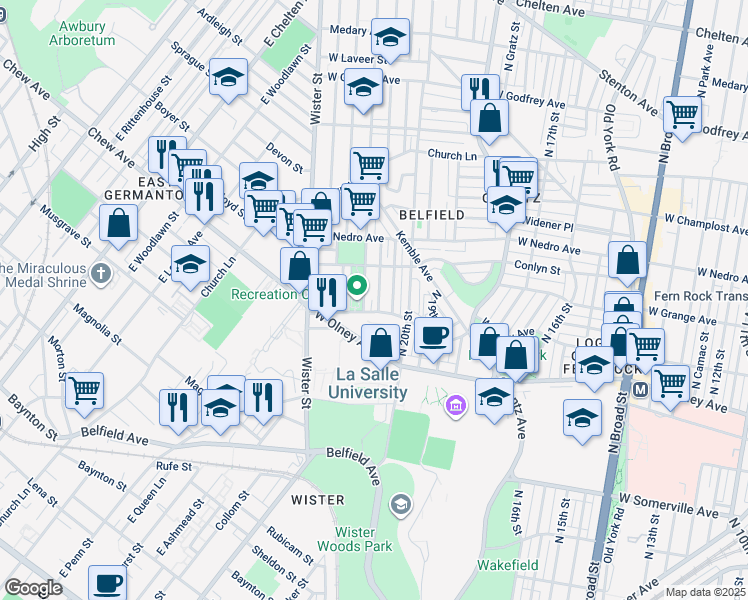 map of restaurants, bars, coffee shops, grocery stores, and more near 5714 North Lambert Street in Philadelphia
