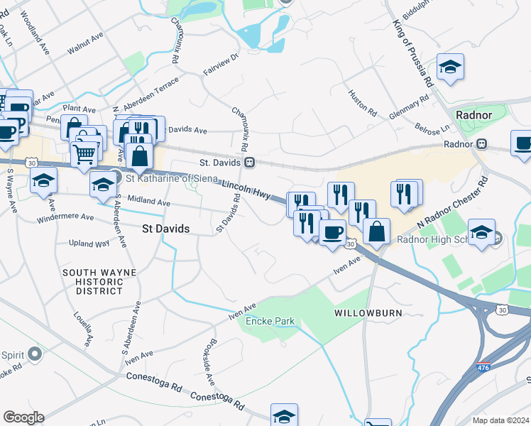 map of restaurants, bars, coffee shops, grocery stores, and more near 500 East Lancaster Avenue in Saint Davids