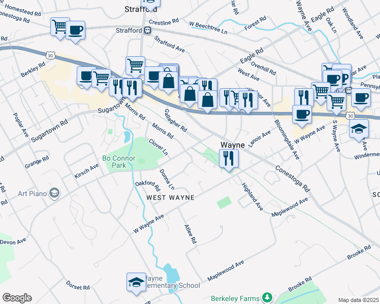 map of restaurants, bars, coffee shops, grocery stores, and more near 291 South Devon Avenue in Wayne