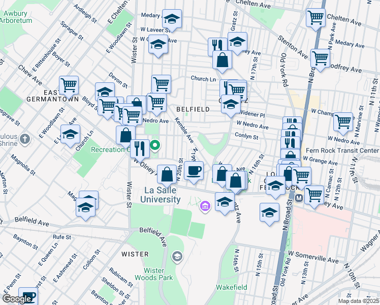 map of restaurants, bars, coffee shops, grocery stores, and more near 5746 North 19th Street in Philadelphia