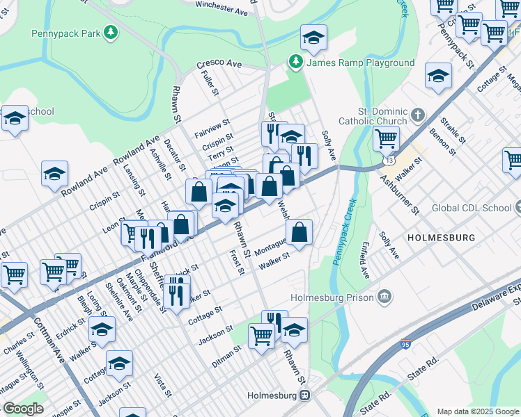 map of restaurants, bars, coffee shops, grocery stores, and more near 8017 Frankford Avenue in Philadelphia