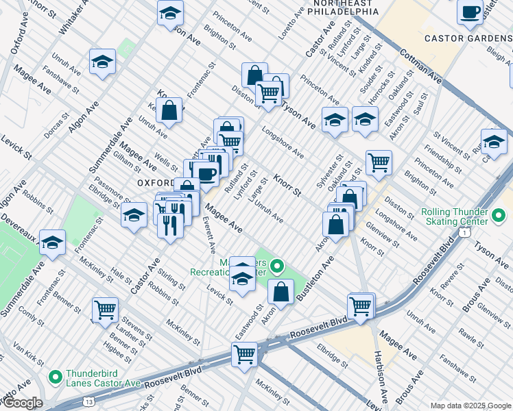 map of restaurants, bars, coffee shops, grocery stores, and more near 6618 Kindred Street in Philadelphia