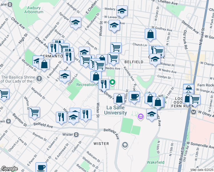 map of restaurants, bars, coffee shops, grocery stores, and more near 2145 Elkins Avenue in Philadelphia