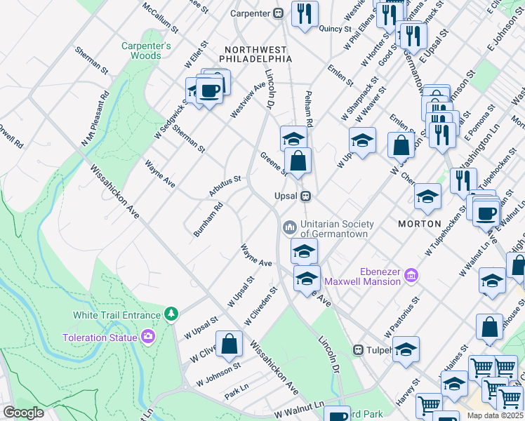 map of restaurants, bars, coffee shops, grocery stores, and more near 6512 Lincoln Drive in Philadelphia
