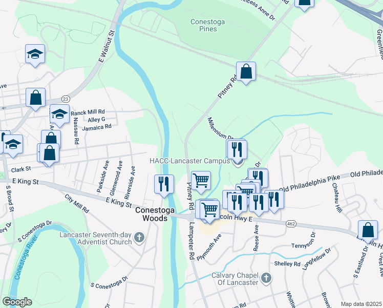 map of restaurants, bars, coffee shops, grocery stores, and more near 52 Pitney Road in Lancaster