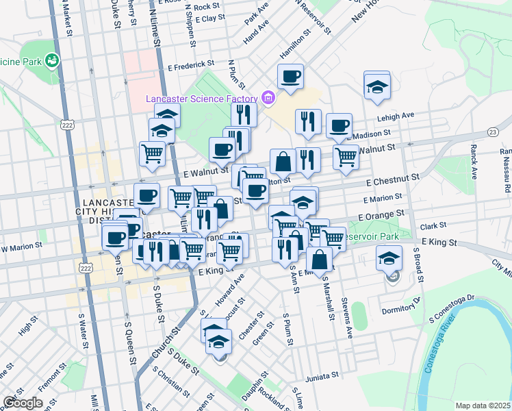 map of restaurants, bars, coffee shops, grocery stores, and more near 117 North Plum Street in Lancaster
