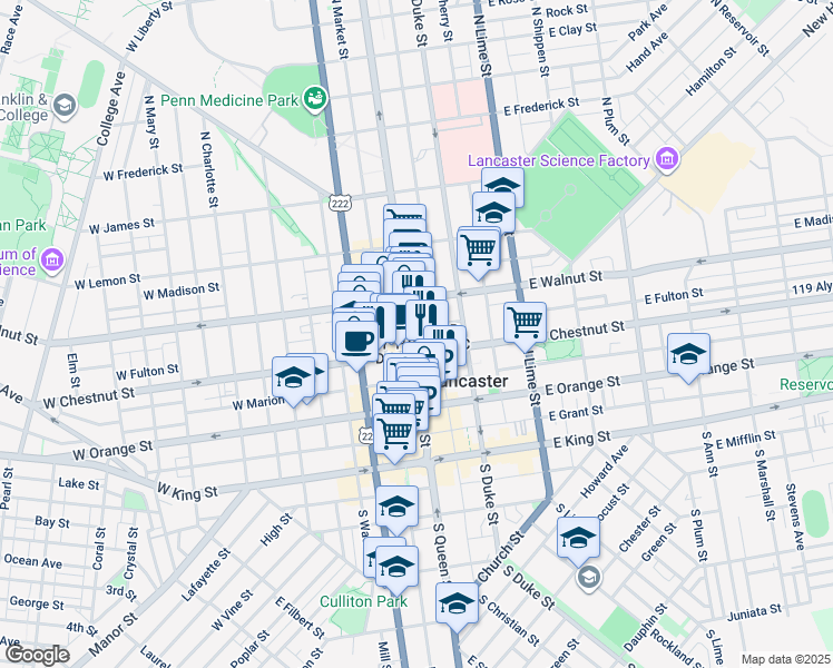 map of restaurants, bars, coffee shops, grocery stores, and more near 150 North Queen Street in Lancaster