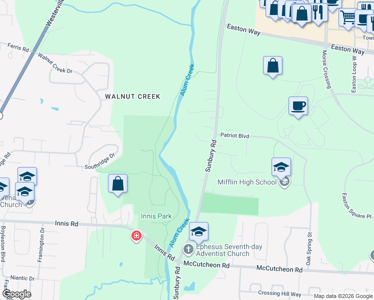map of restaurants, bars, coffee shops, grocery stores, and more near 3931 Sunbury Road in Columbus